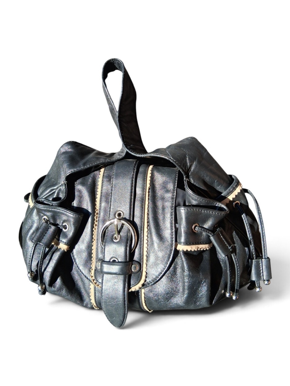 Black Shoulder Drawstring Bag with Cream Trim